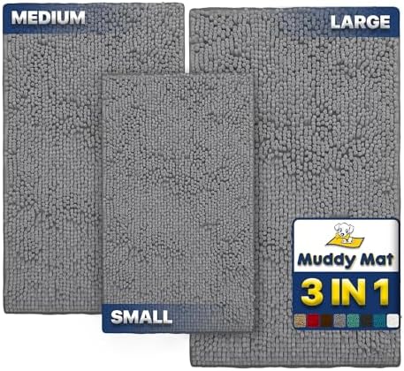 Muddy Mat pet rug three piece set displaying small medium and large sizes together.