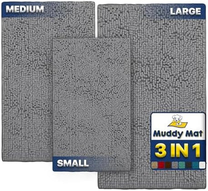 Muddy Mat pet rug three piece set displaying small medium and large sizes together.