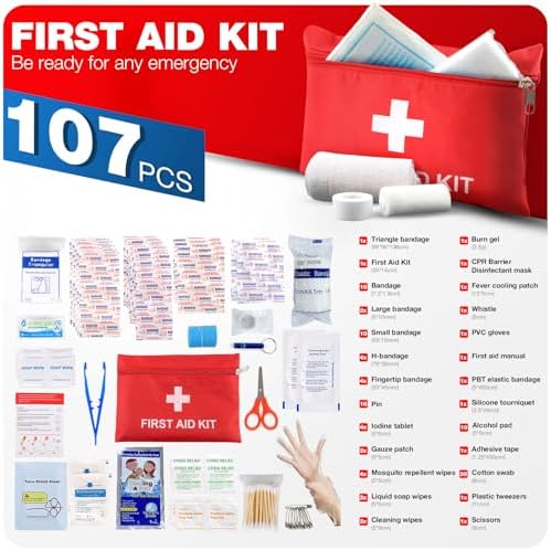 Compact travel medical kit with 107 pieces for car and home safety