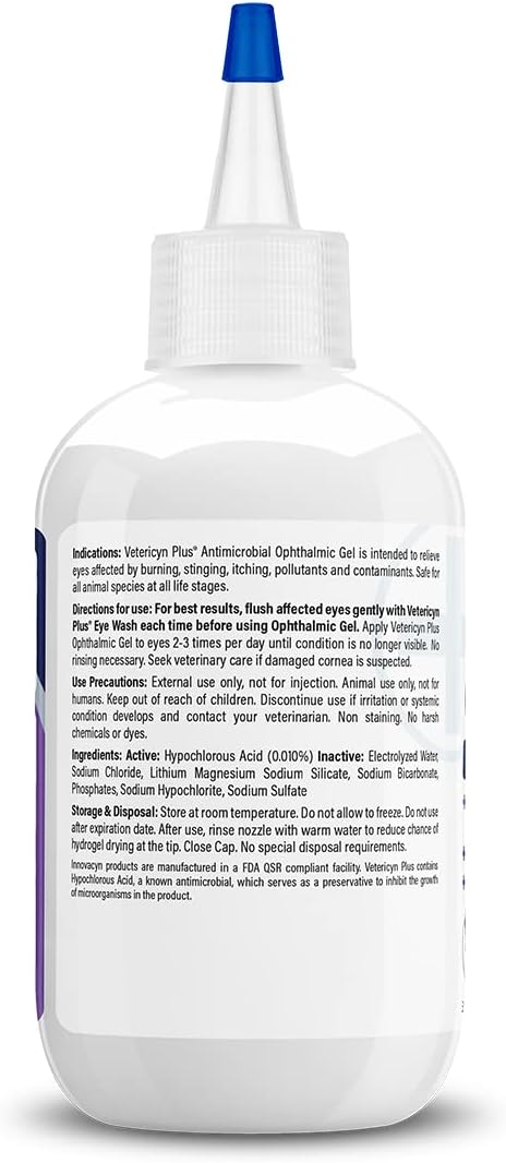 Side profile of Vetericyn equine eye care gel highlighting safety for all animals.