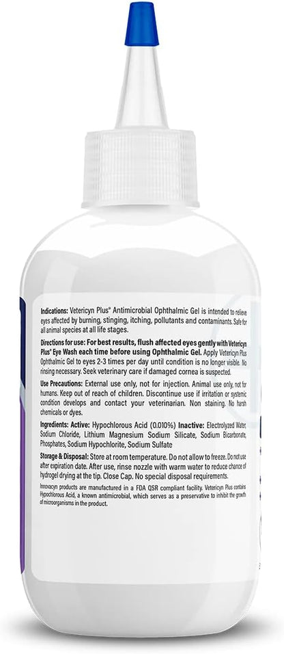 Side profile of Vetericyn equine eye care gel highlighting safety for all animals.