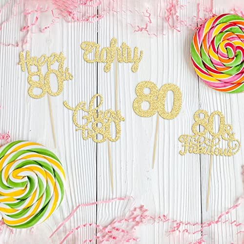 Close up of gold glitter 80th birthday cupcake picks
