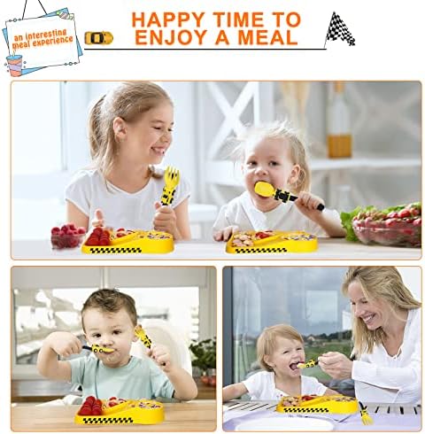 Toddler using construction themed fork and spoon at dining table