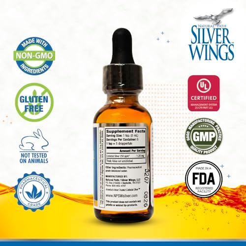 Natural Path Silver Wings 250ppm liquid supplement amber glass bottle with dropper