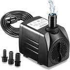 Aquatrone ultra quiet fountain water pump with three interchangeable threaded nozzles on a white background.