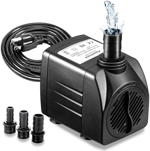 Aquatrone ultra quiet fountain water pump with three interchangeable threaded nozzles on a white background.
