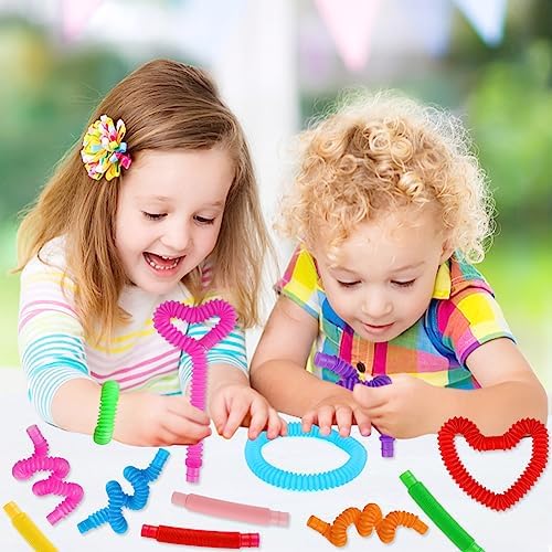 Close up view of multicolored retractable sensory plastic tubes stretched out to produce clicking sounds