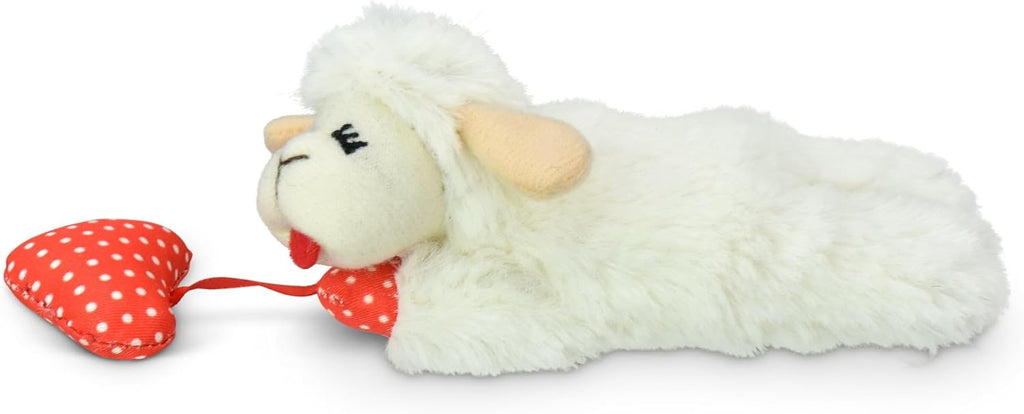 Lamb Chop kitten toy with dangling red heart and crinkle paper texture.