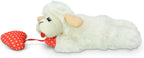 Lamb Chop kitten toy with dangling red heart and crinkle paper texture.