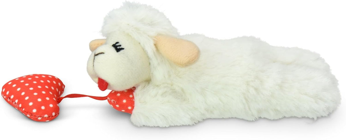 Lamb Chop kitten toy with dangling red heart and crinkle paper texture.