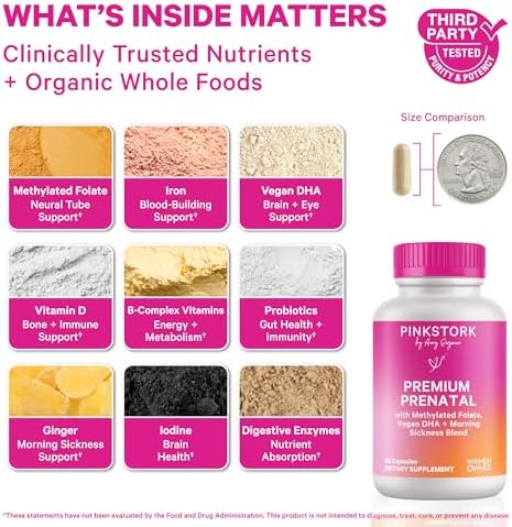 Pink Stork prenatal supplement label highlighting key ingredients like methylated folate and vegan DHA