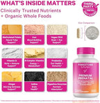 Pink Stork prenatal supplement label highlighting key ingredients like methylated folate and vegan DHA
