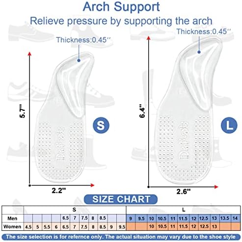Self-adhesive transparent gel arch pads for flat feet support.