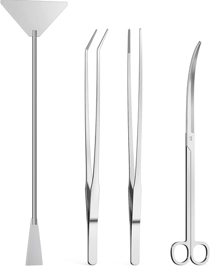 Jeimier Aquascape Four Piece Aquarium Tools Kit front view showing stainless steel tweezers scissors and spatula