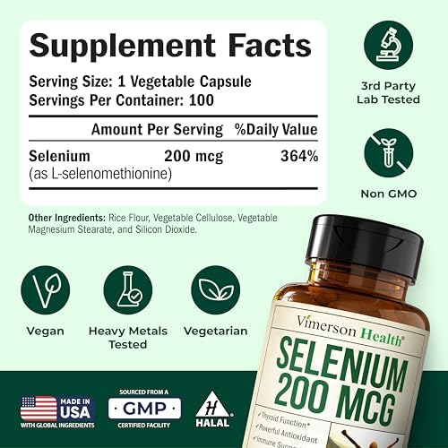 Side angle of Vimerson Health Selenium supplement bottle highlighting the vegan lifestyle badge.