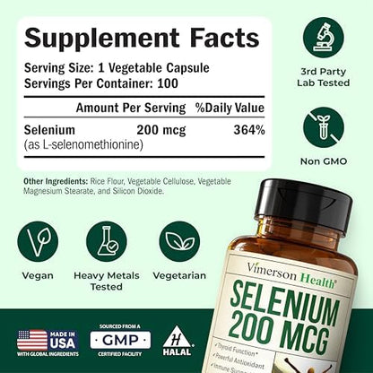 Side angle of Vimerson Health Selenium supplement bottle highlighting the vegan lifestyle badge.