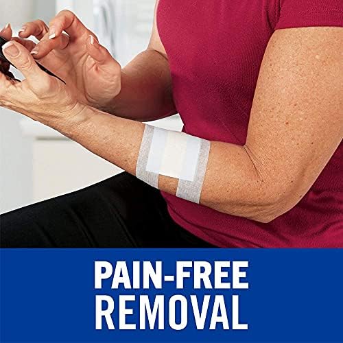 Close up shot of the 3M Nexcare sensitive skin tape packaging showcasing product dimensions and the pain free removal label.