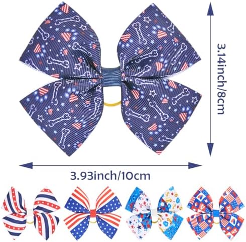 Large breed dog wearing blue and white patriotic topknot bow