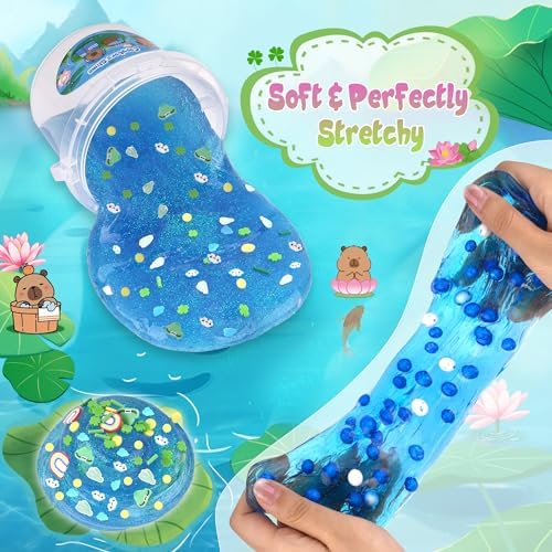 Joytry Capybara Slime Kit texture demonstration showing the high elasticity and stretchable non-stick blue clear formulation