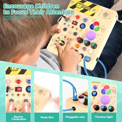 Konijiwa preschool developmental toy showcasing twelve unique colorful switches illuminated to demonstrate fine motor skill play