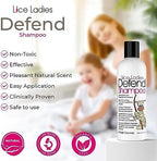 Lice Ladies homeopathic hair care bottles showing natural ingredient highlights.