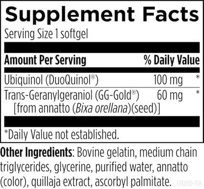Designs for Health CoQnol packaging displaying the DuoQuinol and geranylgeraniol premium health formula.