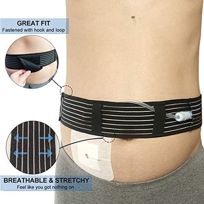 Hola Health premium catheter support band demonstrating how a medical line tucks neatly into the storage pocket.