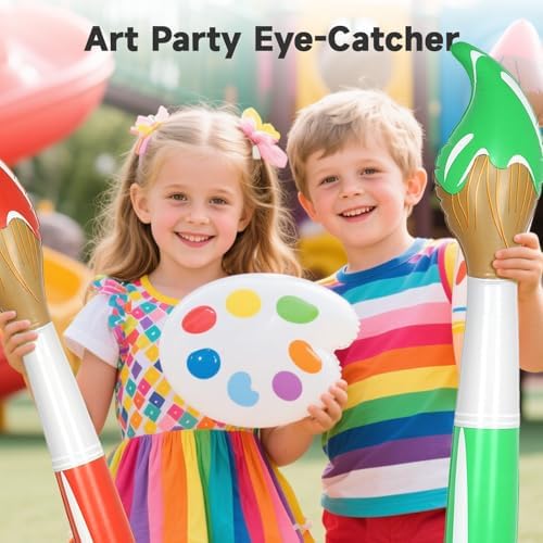 Red yellow blue and green giant paintbrush balloons used as creative classroom decorations.