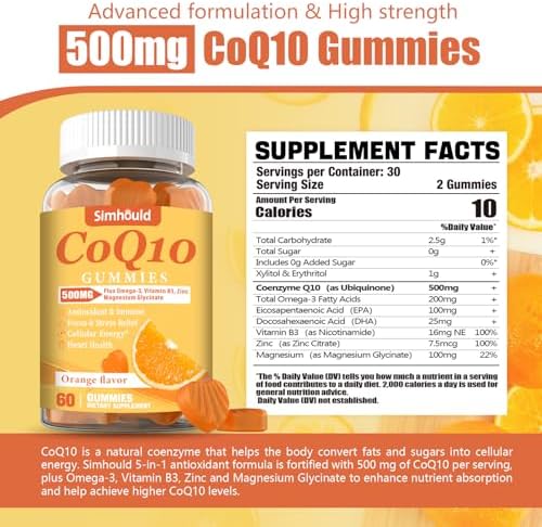 Simhould Coenzyme Q10 antioxidant dietary supplement gummies orange flavor close up texture