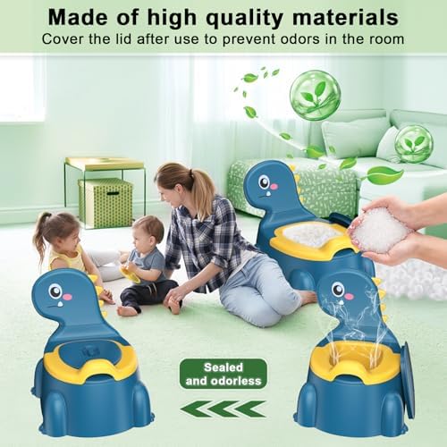 Toddler using blue dinosaur potty training seat