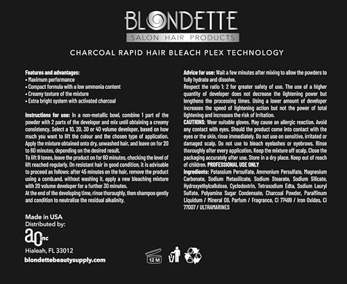 Authentic imported Blondette hair styling bleach package displaying full ingredient details.