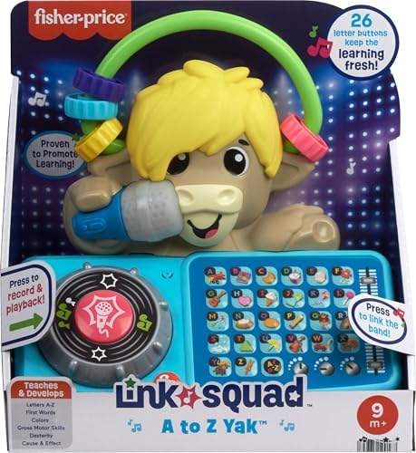 Packaging of the Fisher-Price Link Squad A to Z Yak highlighting its 115 plus songs and phrases feature.