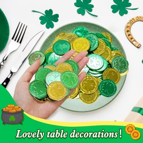 Catephe plastic gold coins with three leaf clover design close up
