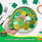 Catephe plastic gold coins with three leaf clover design close up