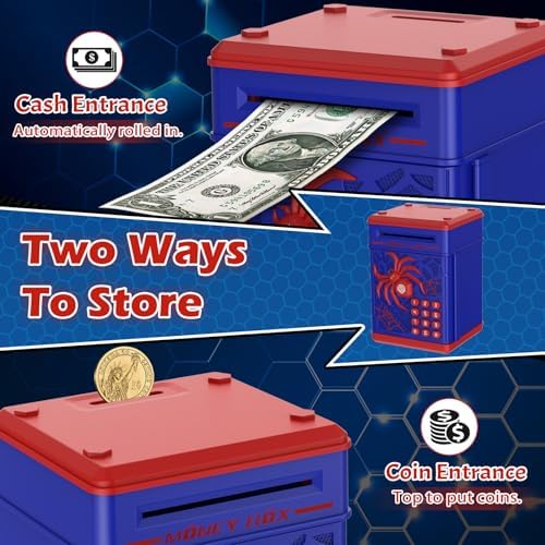 Blue electronic ATM toy bank with spider design showing glowing head lights during code entry.