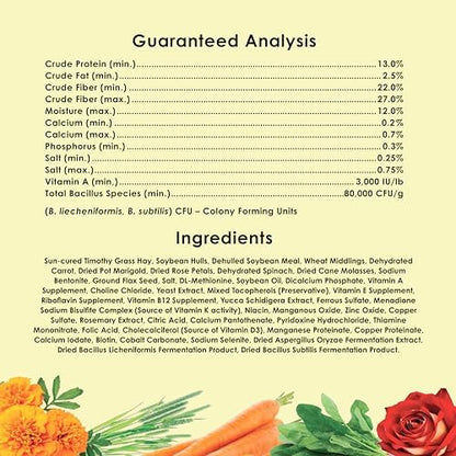 Premium pet bunny food bag details highlighting zero added sugar and fillers