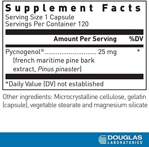 Side angle of Pycnogenol 25 mg supplement bottle by Douglas Laboratories highlighting premium pine bark extract benefits.