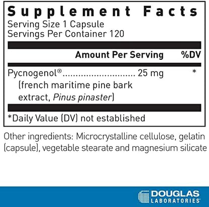Side angle of Pycnogenol 25 mg supplement bottle by Douglas Laboratories highlighting premium pine bark extract benefits.