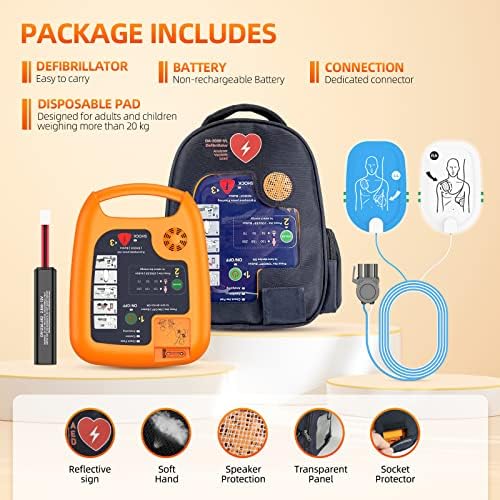 Emergency AED device showing volume control and language selection interface.
