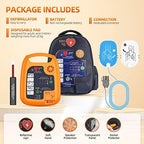 Emergency AED device showing volume control and language selection interface.