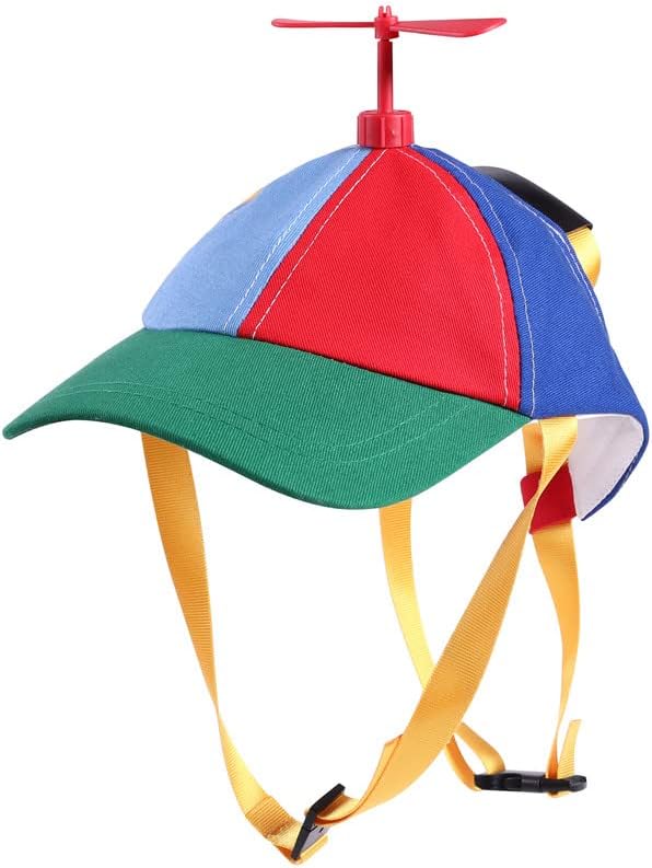 Side profile of dog wearing iridescent propeller cap