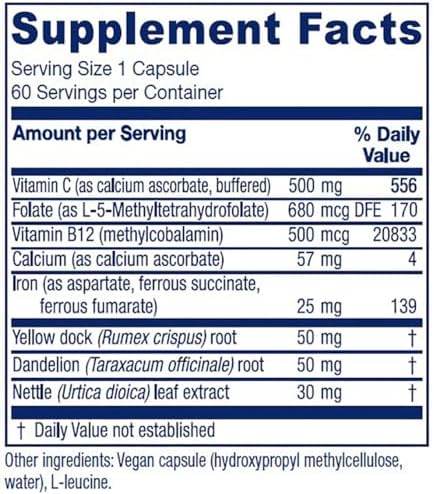 Vitanica Iron Extra supplement label details displaying the bioavailable iron blend and botanical ingredients