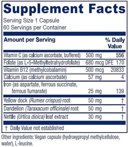 Vitanica Iron Extra supplement label details displaying the bioavailable iron blend and botanical ingredients