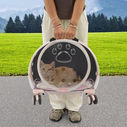 Light pink transparent puppy carrier case with wheels positioned upright