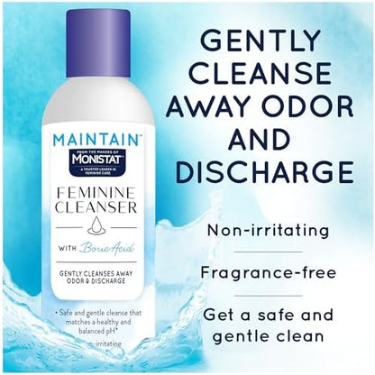 Back label of Monistat Maintain Feminine Cleanser showing ingredients and usage directions.
