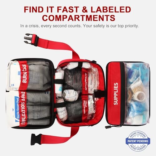 Crmea emergency kit interior showing labeled compartments and medical supplies.