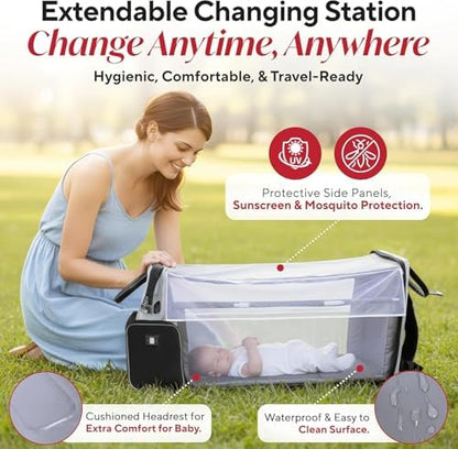 Interior view of the large capacity multifunction travel organizer filled with baby essentials.