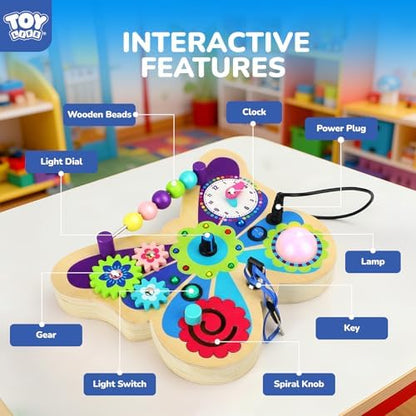 Portable travel packaging view of the TOY Life butterfly busy board ideal for keeping children engaged on trips.
