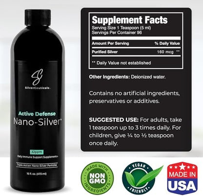 Back view of SilverCeuticals triple action nano silver immune defense showing usage instructions