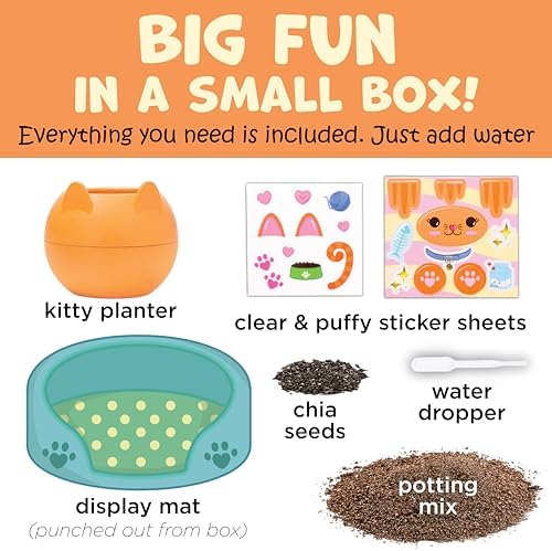 Contents of the Plant-A-Pet Kitty kit including stickers, seeds, soil mix, and water dropper.